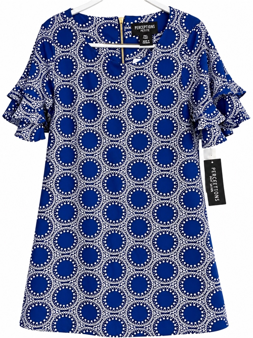 Perceptions Petite Royal Blue & White Circle-Print Ruffle Sleeve Tunic